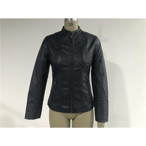 Womens Ink PU Leather Jacket , Female Biker Jackets With Binding Insertion