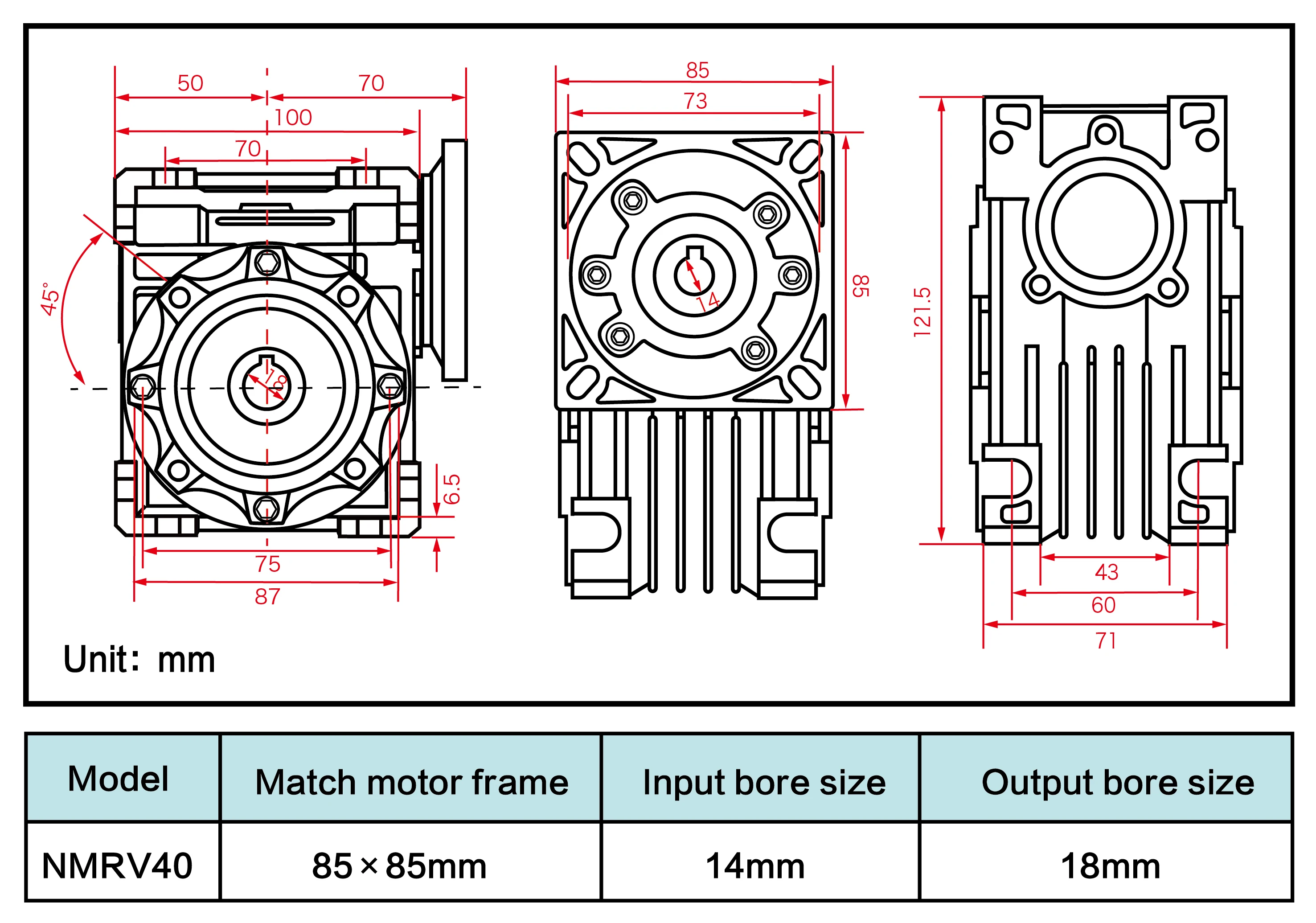 NMRV040 Square Flange Gear Worm Reducer 86x86 For Nema34 Stepper Motor