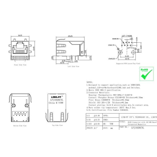ARJ11D-MCSC-LU2 Tab Up 10/100Base-T Magnetic RJ45 Jack Without LEDs LPJ1026CNL