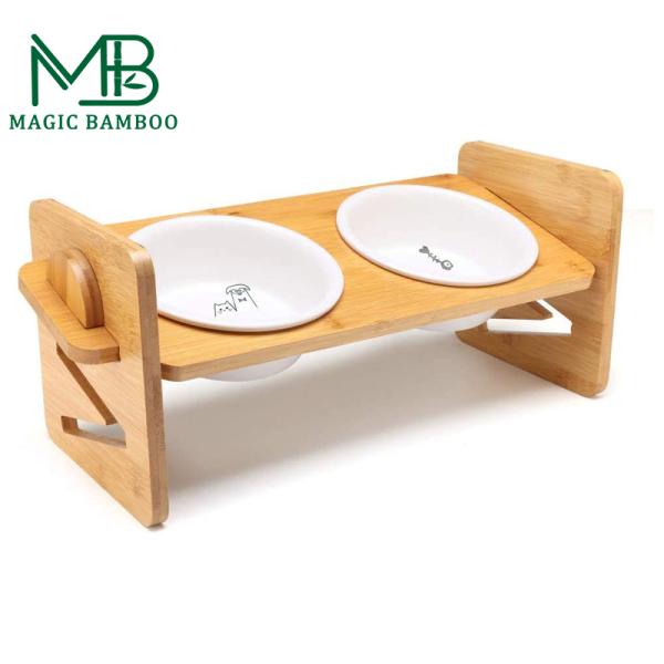 Protect Cervical Spine Easy Cleaning Ceramic Pet Feeder with Adjustable Bamboo Stand