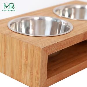 Bamboo Pet Feeder With Double Position Steel Bowls Rectangle