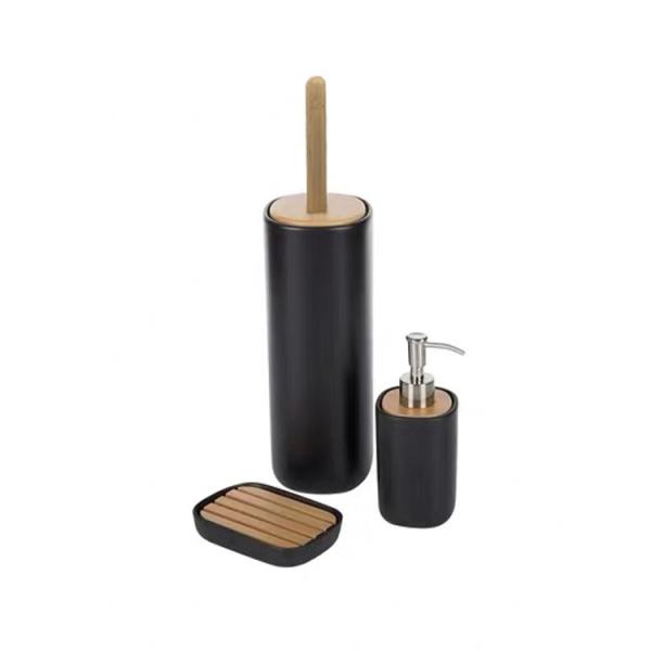 Black 5L Pedal Garbage Can Pedal Bin Toilet Brush Holder With Wooden Lid