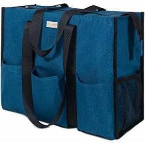 TOPDESIGN UTILITY WATER RESISTANT TOTE BAG WITH 13 EXTERIOR & INTERIOR POCKETS, TOP ZIPPER CLOSURE & THICK BOTTOM SUPPOR