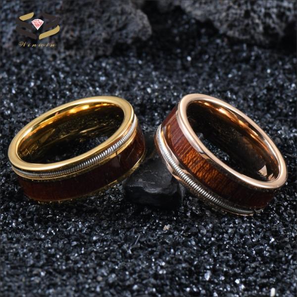 Men Flat Gold Tungsten Carbide Ring Koa Wood And Guitar String Inlayed 8mm For Party