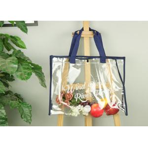 Polyvinyl Chloride PVC Tote Bag , PVC Shopping Tote With Blue Cotton Handles