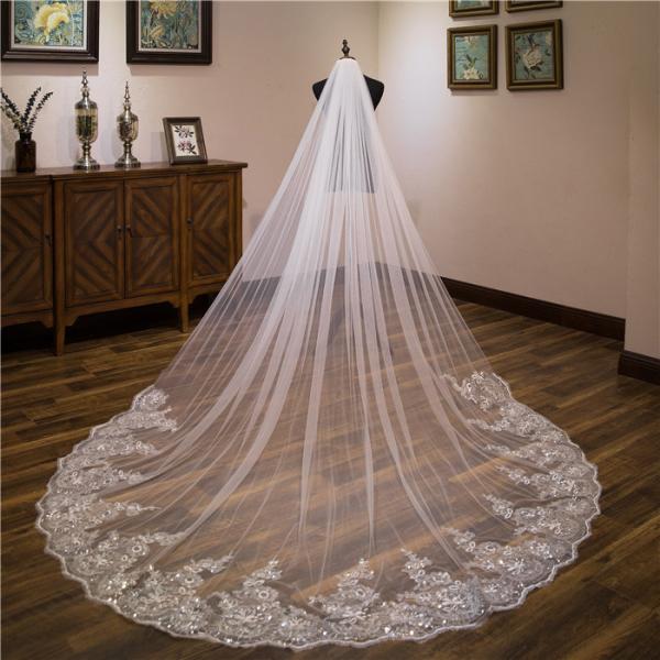 Customized 4m*3m Wholesale Long Cathedral Appliqued Lace Sequins Tulle A Top Vantage Bridal Wedding Black Veil With Hair