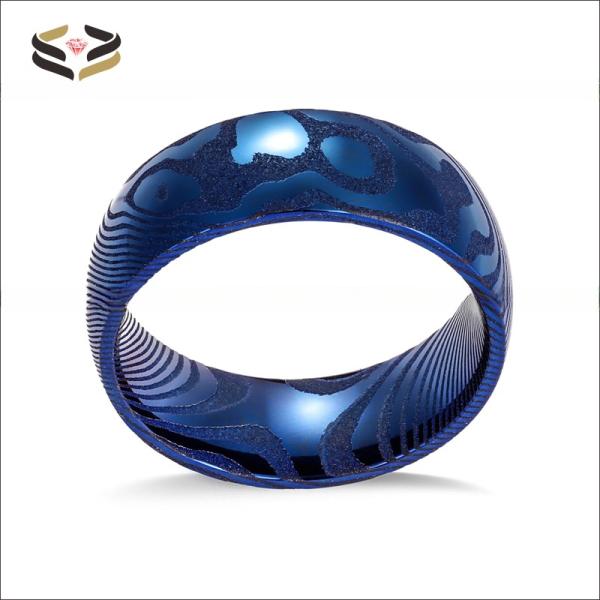 Bold Hand Wedding Damascus Steel Mens Ring 8mm Blue Religious Type Domed Wood Grain