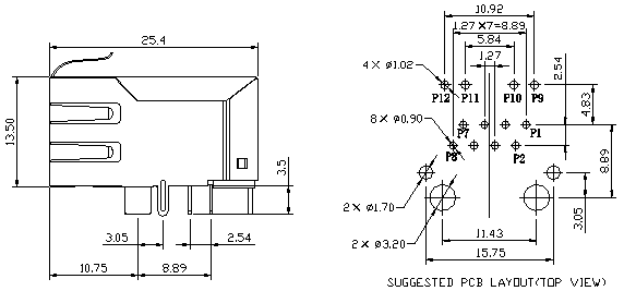 Molex 48025-1090 Modular Jack Right Angle 10/100BT Integrated Magnetic
