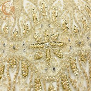 Heavy Sequined Gold Beaded Lace Fabric Soft Handmade 80% Nylon