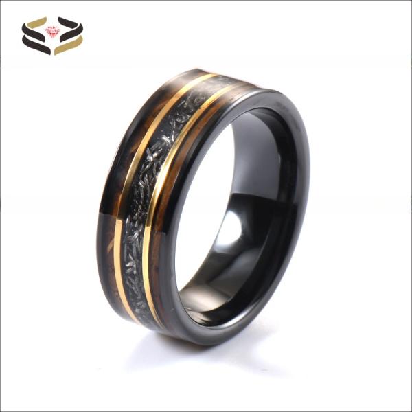 8mm Tungsten Carbide Ring with Gold Line Whiskey Barrel Wood and Meteorite Inlay Trendy Men's Anniversary Selection