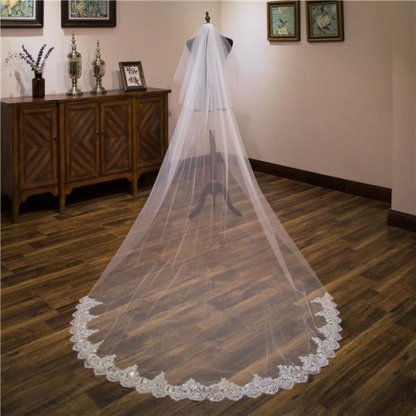 Unique Customized 3.8m*1.5m Wholesale Long Chapel Appliqued Lace Tulle Bridal Wedding White Veil With Hair Comb