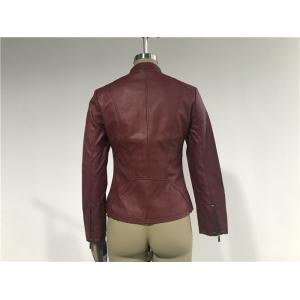 Mandarin Collar Womens PU Leather Jacket , Burgundy Pleather Biker Jacket