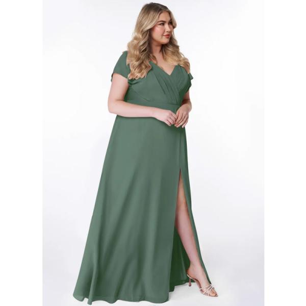 Customized Plus Size Elegant Pleated Chiffon Long Bridesmaid Dress A-Line Short Sleeves V-Neck Keyhole Back
