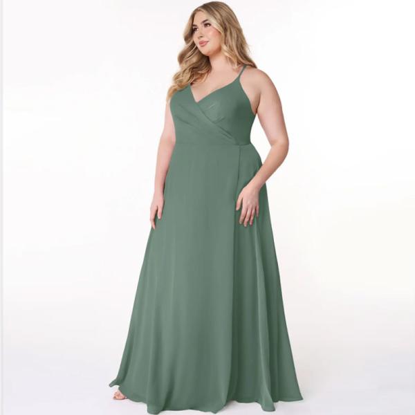Sexy V-Neck Plus Size Chiffon Evening Dress Long Spaghetti Straps V-neck Princess A-Line Keyhole Pleated Sleeveless