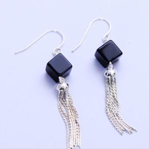 Square Black Onyx 925 Silver Tassels Drop Earrings(XH057072W)