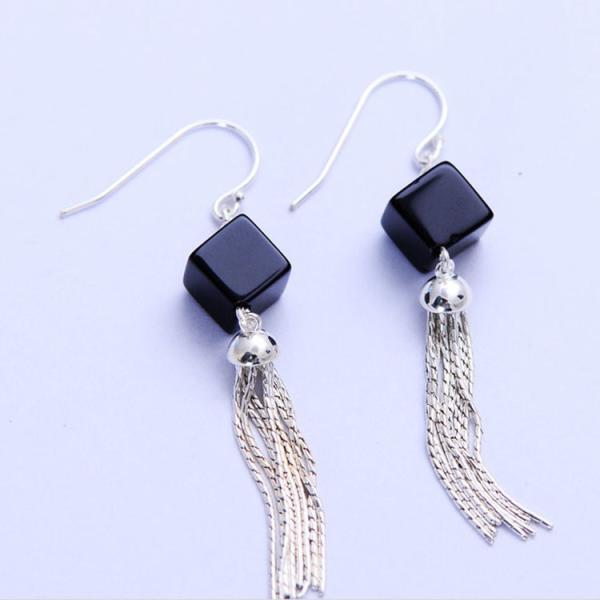 Square Black Onyx 925 Silver Tassels Drop Earrings(XH057072W)