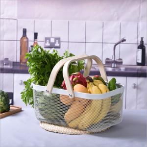 Bath Organizer Iron Storage Basket H17cm Metal Baskets With Wooden Handles