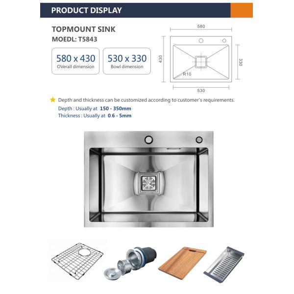 Topmount Stainless Steel Kitchen Sink 16 Gauge Single Bowl 16 Gauge 58x43