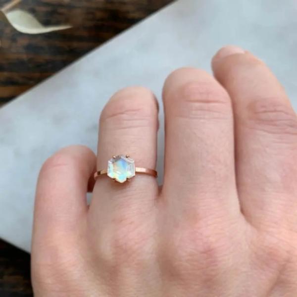 Rose Gold Hexagon Shaped Wedding Genuine Moonstone Jewelry Dainty Natural Rainbow Moonstone Ring
