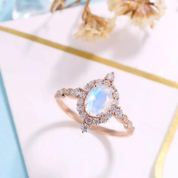 Newest Rose Gold Plating 925 Sterling Silver Jewelry Oval Cut Blue Moonstone Engagement Rings