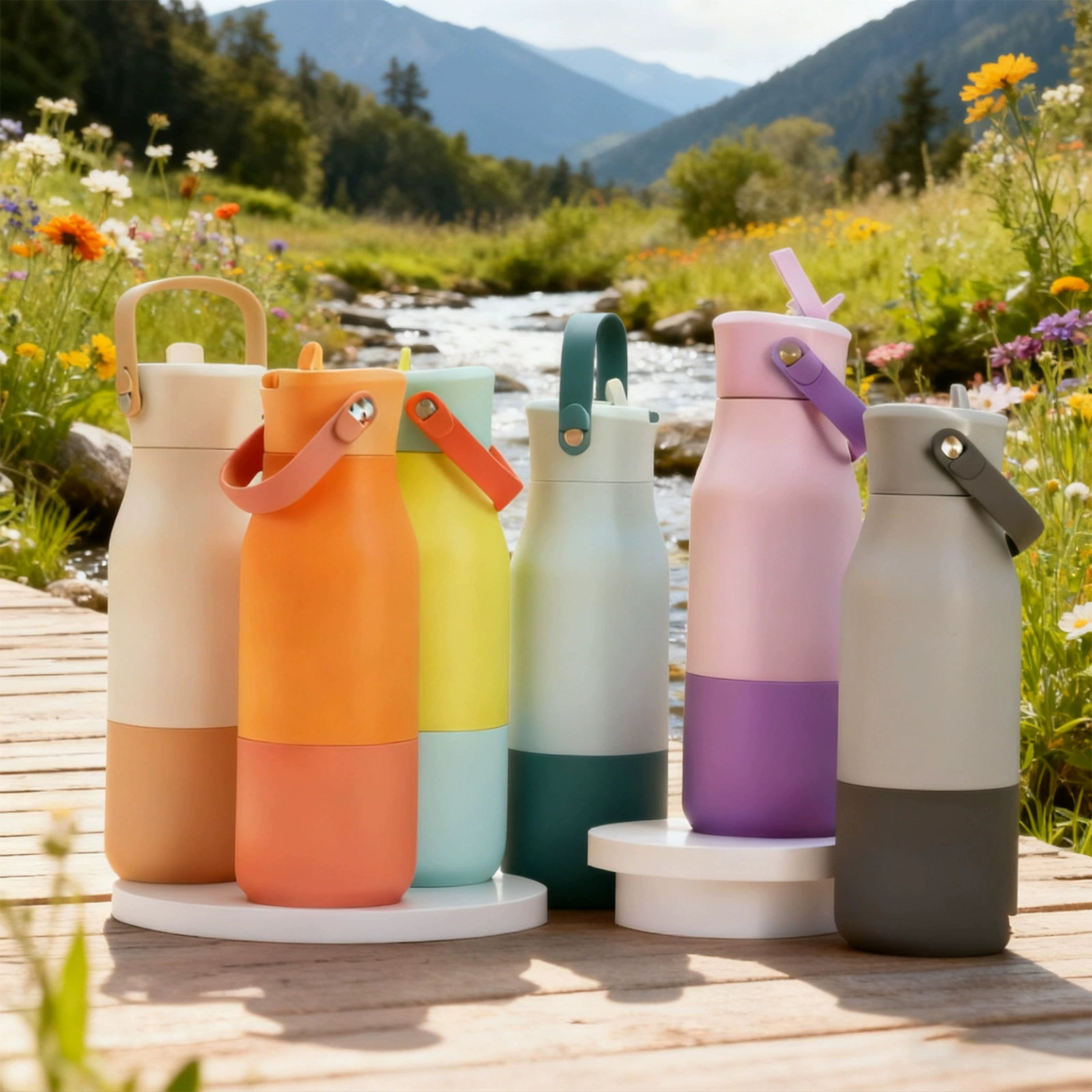 New Cross-border Detachable Handle Stainless Steel Insulated Bottle Straw Water Flask Macaron Color-blocking Outdoor Cold Insulation Cup