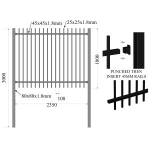 Flat top & bottom security tubular steel fencing 25mm x 25mm upright picket