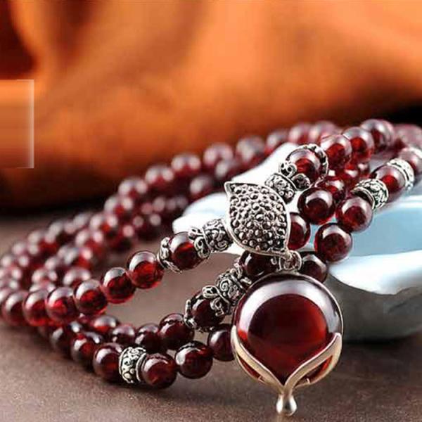 5mm Round Genuine Garnet Beads Bracelet with 925 Silver Marcasite Garnet Charm 20 inches (B120705)
