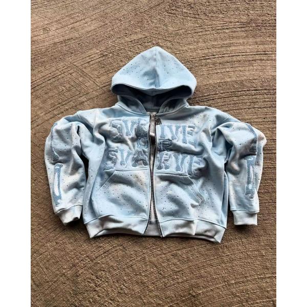 Custom Fashion Streetwear Sun Faded Heavy Cotton Vintage Acid Washed Zip up Oversized Boxy Fit Rhinestone Hoodie Manufacturers