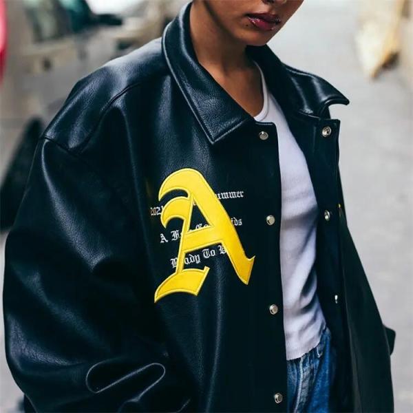 Black Yellow Leather Versity Jacket for Men Manufacturer Bulk Bomber Plus Size Men′s Letterman Varsity Jackets