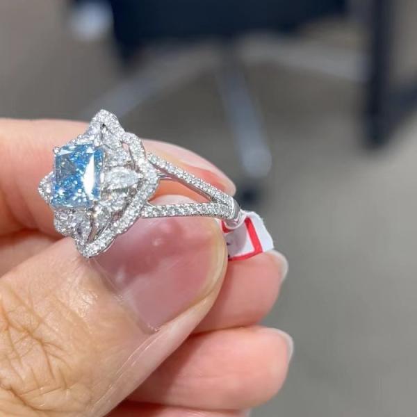 Synthetic Blue Lab Diamond Jewelry VVS Cushion Cut Engagement Ring