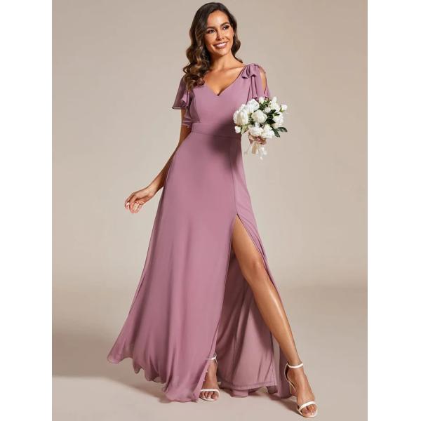 Empire Plus Size V-neck High Split A-line Short Sleeve Zipper Purple Orchid Chiffon Evening Dress