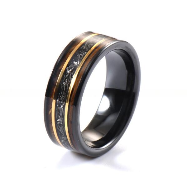 8mm Tungsten Carbide Ring with Gold Line Whiskey Barrel Wood and Meteorite Inlay