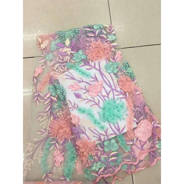 Bead Embroidered Lace Fabric, Scalloped Multi Color 3D Flower Lace Fabric For Dress