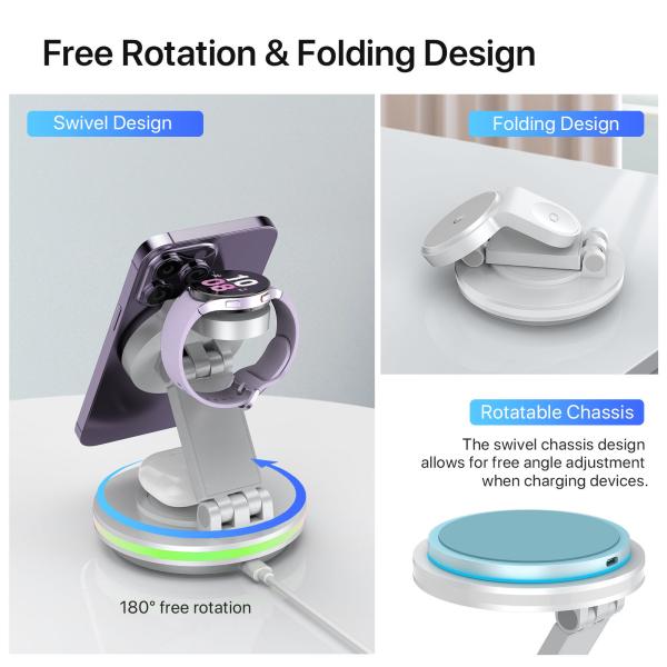 Rotable & Foldable wireless magnetic phone charger with LED light