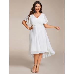 Quality Chic V-neck High-low Short Flutter Sleeves A-line Ruffles Midi Invisible Zipper White Chiffon Guest Graduation Dress for sale