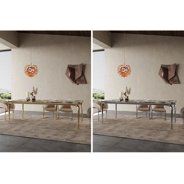 Italian Hotel Restaurant Furniture Rectangular Natural Marble Stainless Steel Metal Dining Table