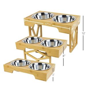 Adjustable Raised Bamboo Pet Feeder 100% Solid Bamboo Stand Dog Bowl