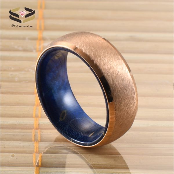 Geometric 8mm Brushed Stainless Steel Blue Purple Wood Ring for Wedding Engagement Anniversary Gift