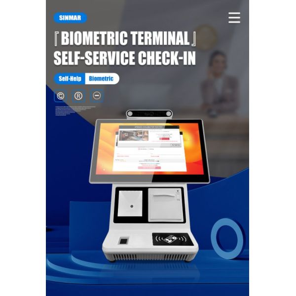 Desktop self-service check-in kiosk front view