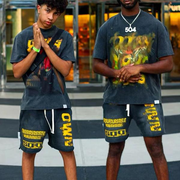 Streetwear Summer 100 Cotton Tracksuit Shorts Set Mens Screen Printing Heavyweight