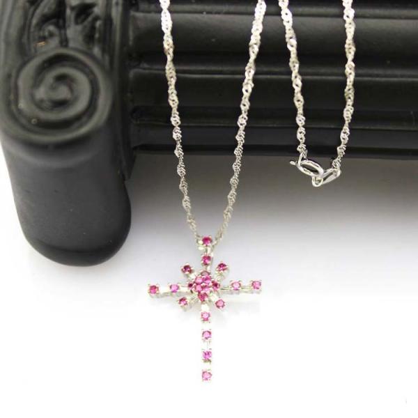 Women Jewelry 925 Silver Pink Cubic Zirconia Cross Pendant Necklace (P37)