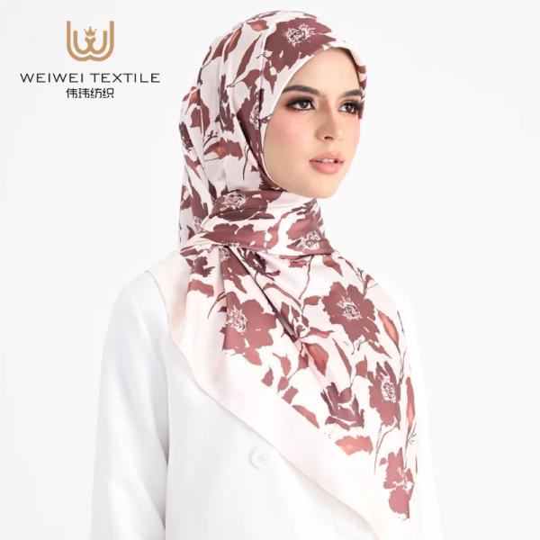 Custom Luxury Shimmer Ladies square Smooth Pashmina Scarf Warm Flower Print Fashion Fringes Muslim Women Satin Silk Hijab