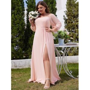 Plus Size Ruffled Sweetheart Neck Long-sleeved High Slit Pink Chiffon Off