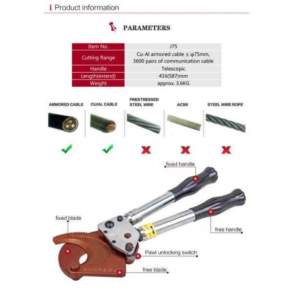 Customized Support 75mm Ratchet Aluminum Cable Cutter with Not Rated Jaw Surface