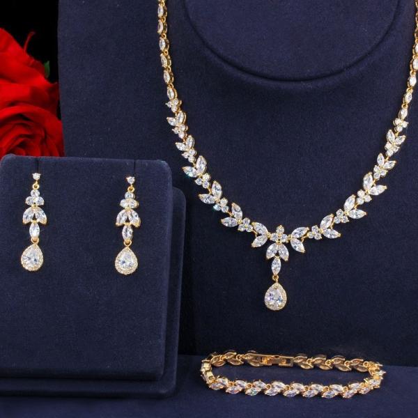 Silver Necklace Jewelry Set Necklace Earrings Jewelry Dainty Bridal Cz Waterdrop Wedding Ring Jewelry Set