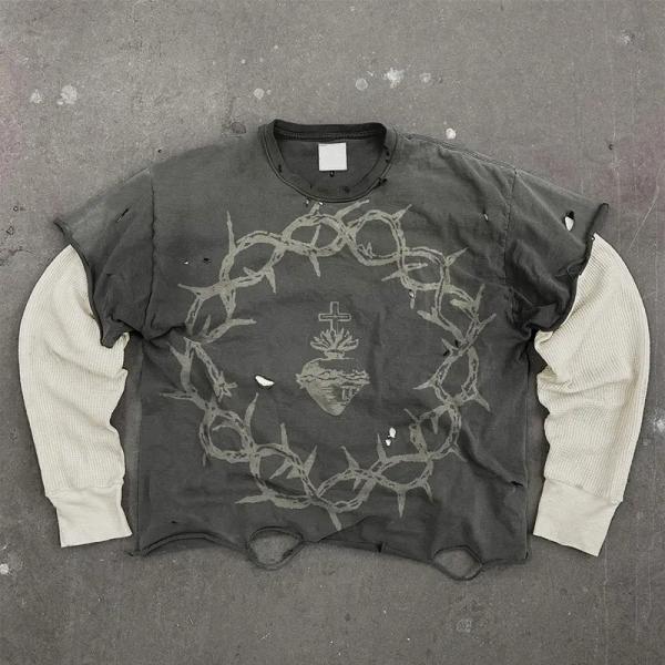 MeiYue Distressed Screen Print T-shirt Vintage Cotton Ripped Double Layer Long Waffle Sleeve Oversized Acid Wash T Shirt for Men