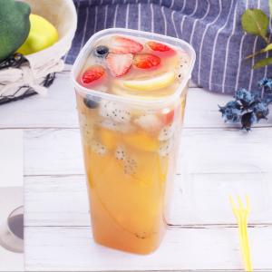 China Bubble Tea Plastic Cup With Lid And Fork Square Cup Disposable For Fruit Tea 960ml Boba Drinking Cups on sale