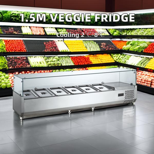 Commercial Double-Temperature Glass Cooler Counter Open Vegetable Salad Display Refrigerator LED Light Digital Temperature