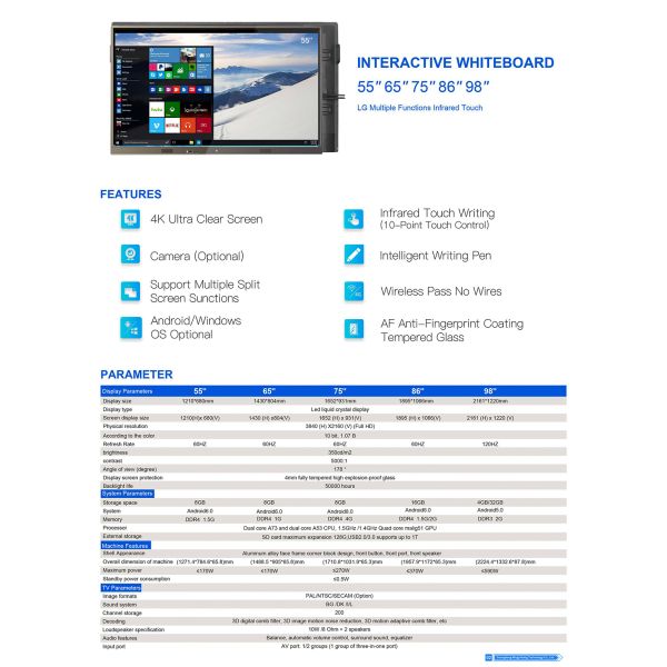 4K Interactive Flat Panel Touch Screen Smart Meeting Board Android Windows Dual OS Conference All-in-One Display OEM