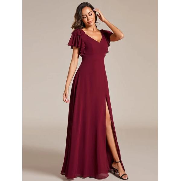 Empire Plus Size V-neck High Split A-line Short Sleeve Zipper Burgundy Chiffon Prom Dress